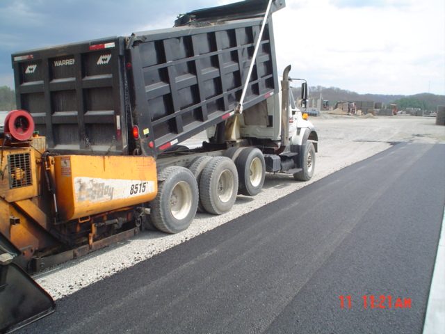 Standafer Paving crew placing asphalt binder course